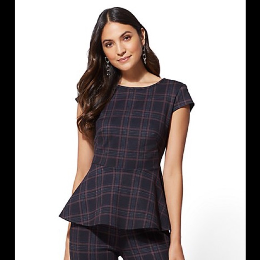 NWT New York & Company Peplum Top - Black Plaid